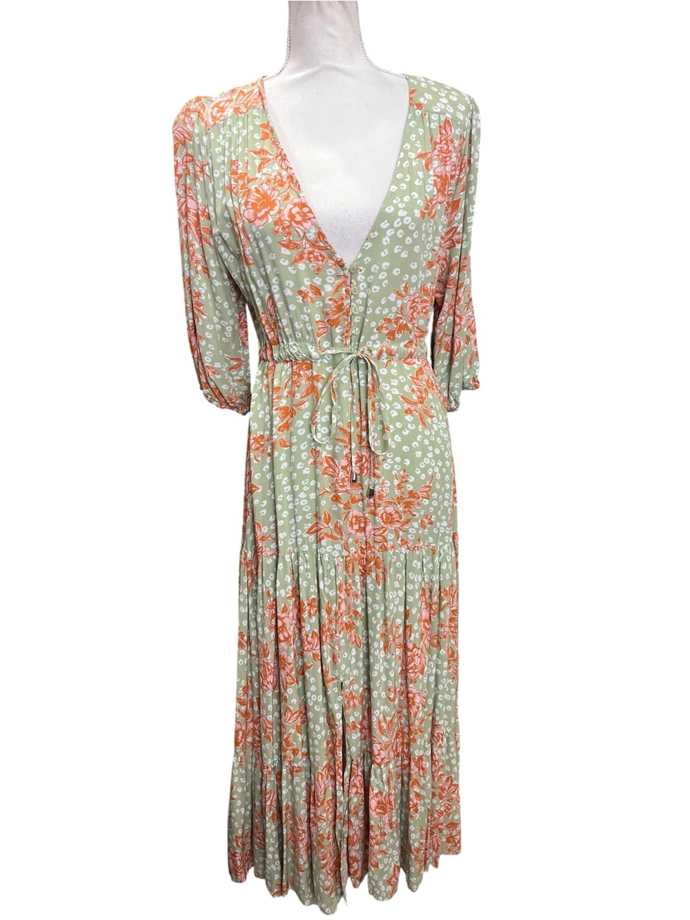 Abel The Label Floral Maxi Dress Medium Green Boho Tiered Rayon V Neck - Picture 3 of 12
